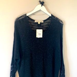 California Gypsy Black Long Sleeve See Through Crew Neck Top NWT Size Medium